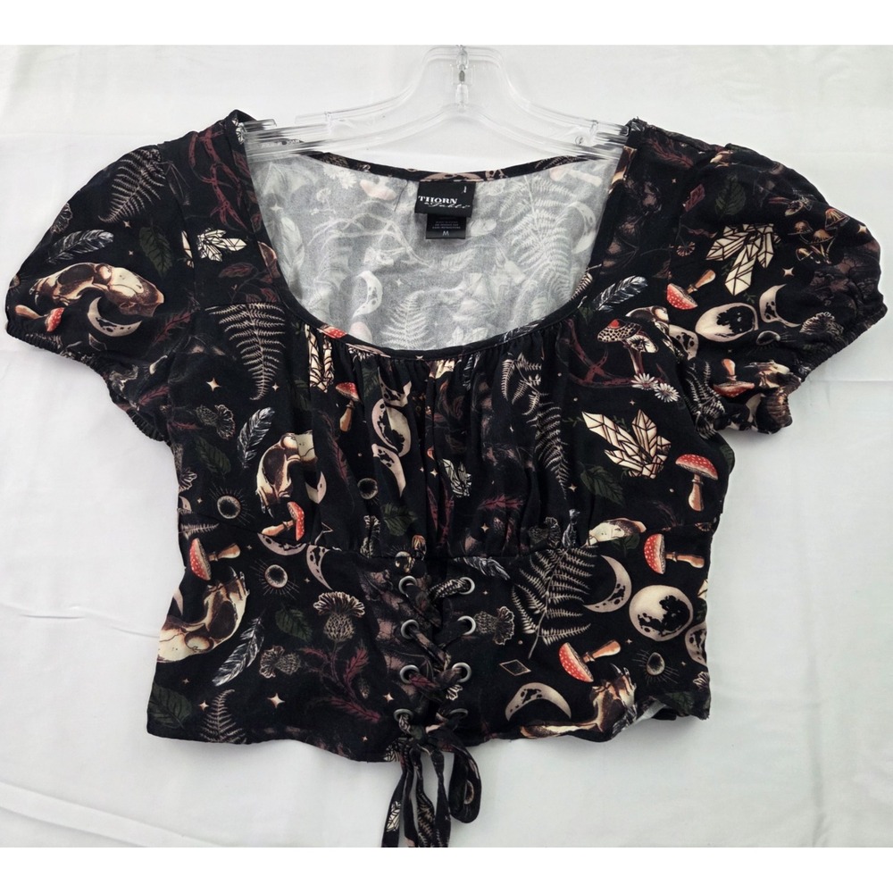 Thorn & Fable Hot Topic Crop Top Womens Medium Black Mushroom Corset Whimsigoth